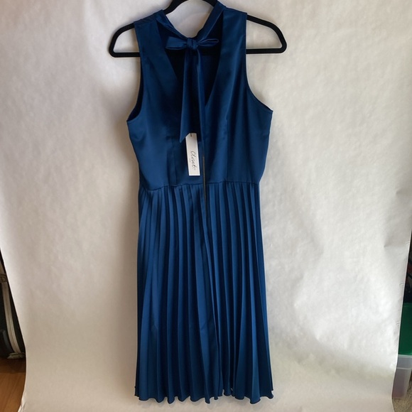 NWT Womens ASOS Closet London High Neck Navy Blue Satin Pleated Midi Dress 10 - Picture 7 of 8
